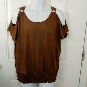 Inspire. Brown cold shoulder maternity blouse